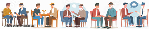 vector young man chatting with grandfather