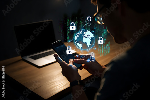 Man using smartphone with digital security illustration featuring globe padlocks and data encryption for online privacy and protection concept