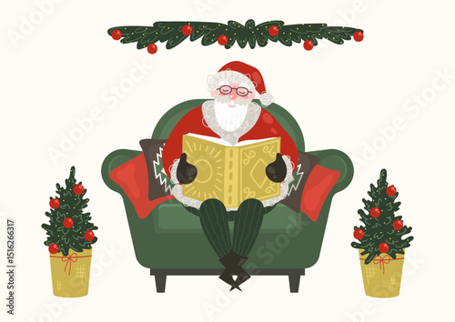 Santa Claus reading book. Santa sitting on armchair. Vector illustration.