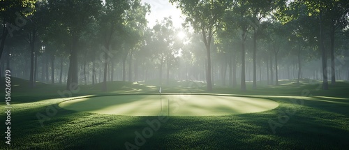 golf hole with blank vinyl sponsor sign calm morning light trees in background clear text-ready area