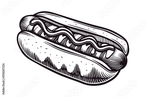 Hand drawn hot dog with mustard in black and white