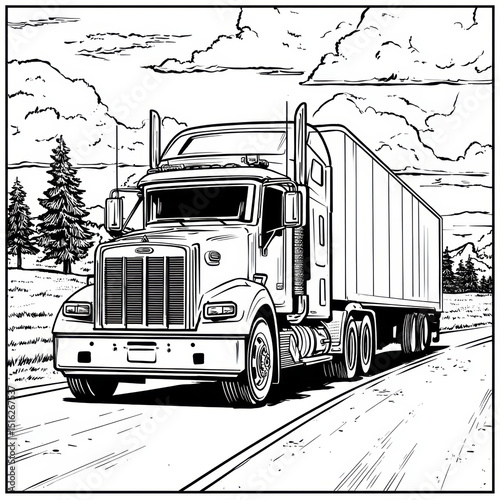 A classic large truck on an open road amidst a scenic landscape.