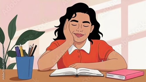A serene woman is deeply absorbed in reading a book at her desk, surrounded by study essentials. Perfect for education, relaxation, and self-learning themes.