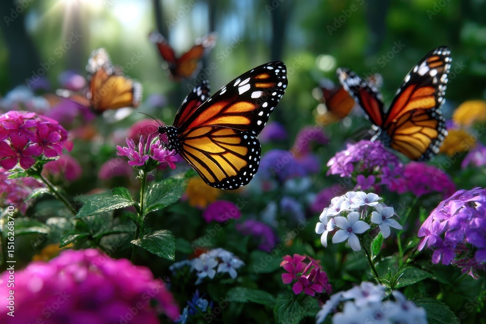 Fototapeta premium Butterflies gather around colorful flowers in a vibrant garden during sunlight hours