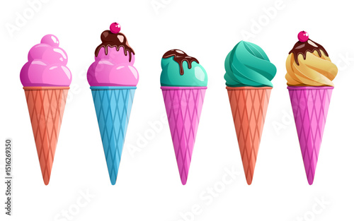 various flavors and chocolate layers delicious ice cream cones set design. isolated on transparent background element.cartoon ice cream design vector illustration.