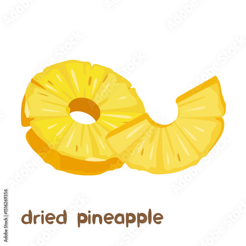 Vector cartoon illustration of dried pineapple fruit with lettering isolated on white background.	