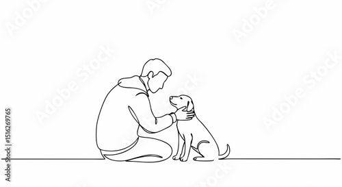 Man strokes a dog while sitting on the floor in a minimalist setting  