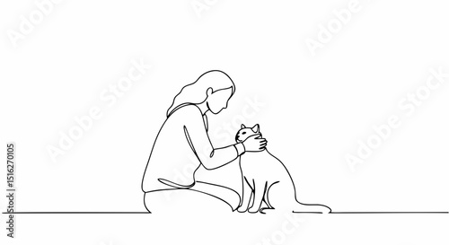 Woman stroking a cat in a minimalistic line drawing style  