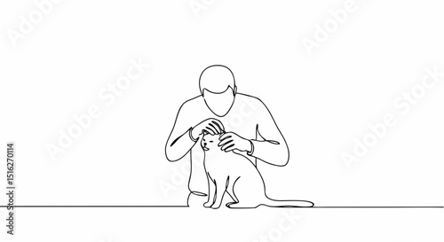 Man strokes a cat in a minimalist line art style on a white background  