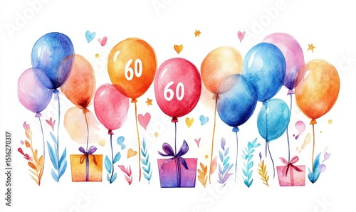 Watercolor painting of balloons with the number sixty gifts and floral elements on a white background