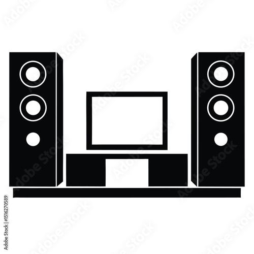 Black and White Illustration of Home Entertainment Center with Television and Speakers
