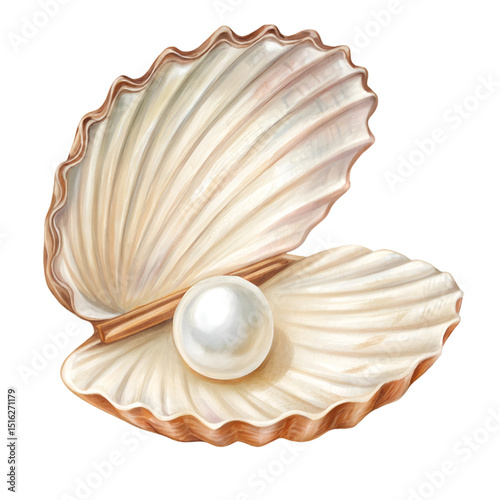 Seashell with clear pearl isolated on white background