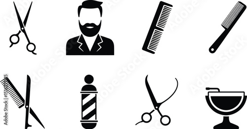 A collection of barber shop icons including scissors comb man and shaving cream in black and white style