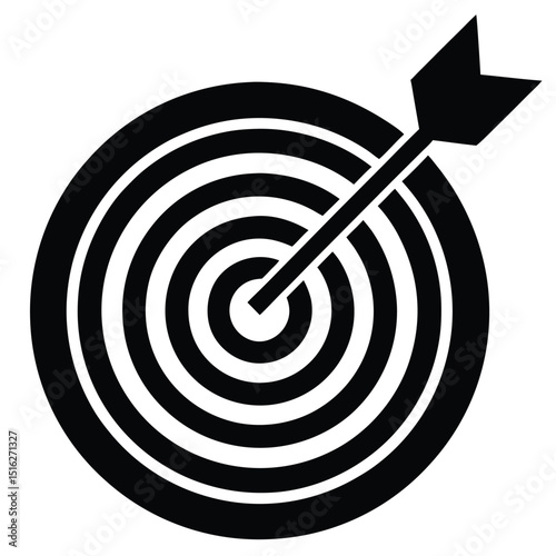 Black Arrow Hitting Center of Target, White Background, Concentric Circles Design