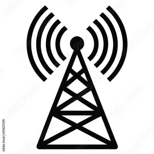 Black Communication Tower Icon with Signal Waves Broadcasting, Isolated on White Background