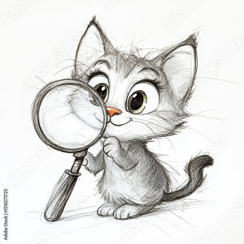 Playful gray kitten holding a magnifying glass, showcasing curiosity and charm.