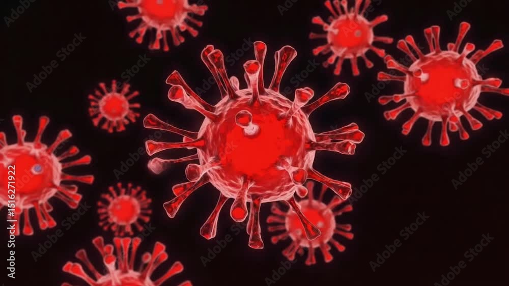 Microscopic red virus cells drifting through dark digital space, showcasing intricate biological details of infectious microorganism movement 4k video