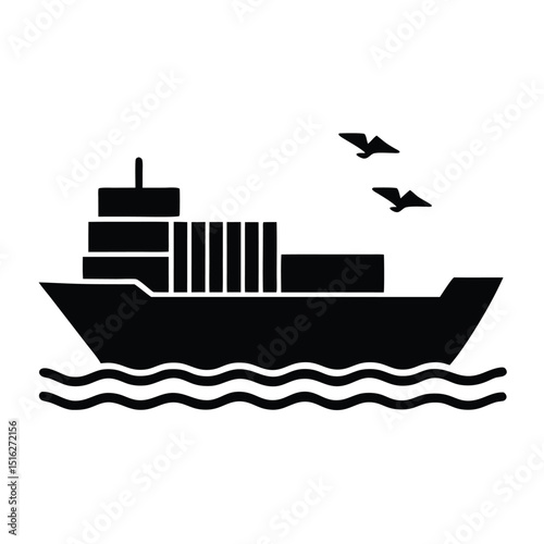 Black Shipping Vessel on Water with Containers and Two Birds Silhouette