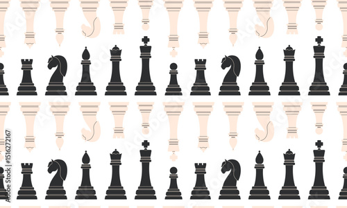 Seamless pattern Chess game. Chess pieces: King, Queen, rook, knight, Bishop, pawn. Flat vector illustration on white background