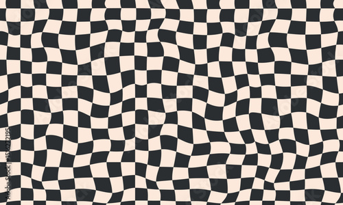 Groovy hippie 70s seamless pattern.  Checkerboard, chessboard, mesh, waves background. Twisted and distorted texture in trendy retro psychedelic Y2k style. Flat vector illustration 