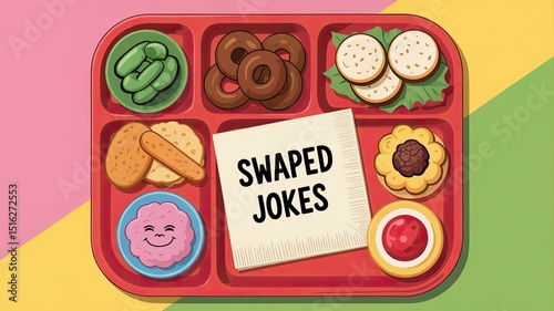 Playful illustration of a school lunch tray with a burger, fruits, and cookies, featuring witty napkin notes about shared and swapped jokes.