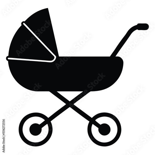 Black Silhouette of a Classic Baby Pram Childcare Icon and Design Element