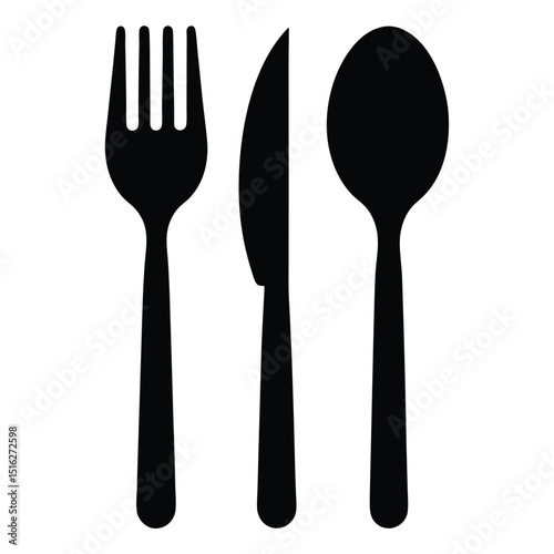Black Silhouette of a Fork, Knife, and Spoon Isolated on a White Background