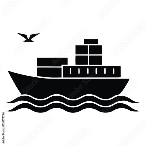 Black Silhouette of Cargo Ship on Water with Boxes and Flying Bird