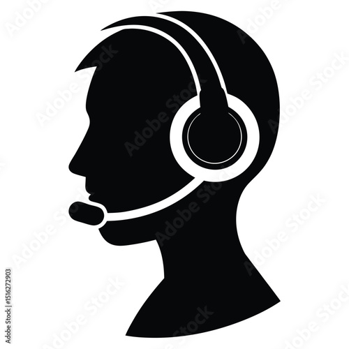 Black Silhouette of Man with Headset and Microphone for Customer Service