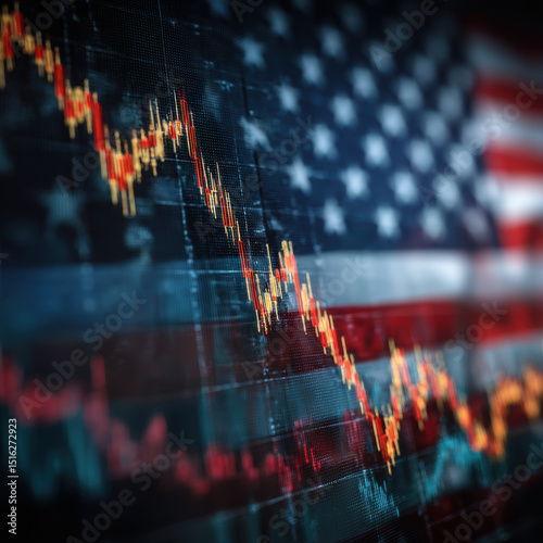 Abstract representation of declining financial trends with American flag background.