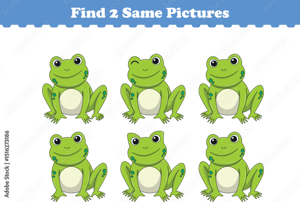 Fototapeta premium Funny cartoon frog. Find two same pictures. Educational game for children. Cartoon vector illustration