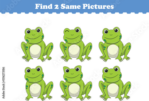 Funny cartoon frog. Find two same pictures. Educational game for children. Cartoon vector illustration