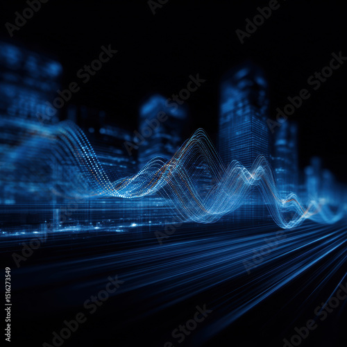 Dynamic blue wave patterns over a city skyline at night.