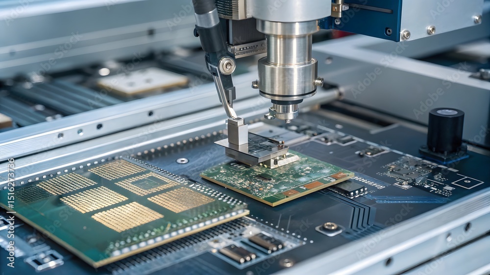 Fototapeta premium Precise robotic arm meticulously places microchip onto circuit board, showcasing advanced technology in electronics manufacturing and precision engineering.