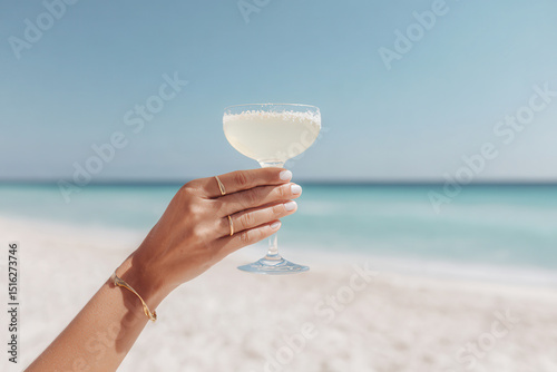 closeup of womans hand elegantly holding cocktail glass with clean background of ultrabright white sand and clear