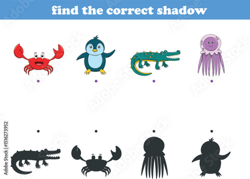 Funny cartoon wild life. Find the correct shadow. Kids Education games. Cartoon vector illustration