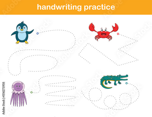 Handwriting Practice. Tracing lines for kids with animals. Vector Illustration