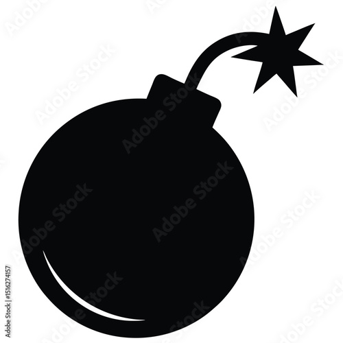 Cartoon Black Bomb with Burning Fuse Icon on Plain White Background