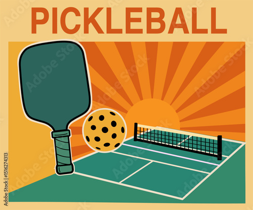 Retro pickleball poster with paddle, ball, and court, featuring bold sunset rays in orange and yellow tones, creating a vintage sporty vibe