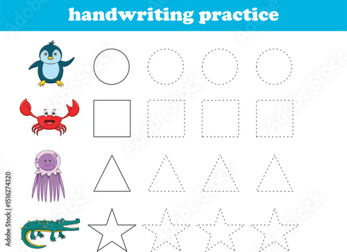 Handwriting Practice. Tracing lines of different shape for kids with animals. Vector Illustration