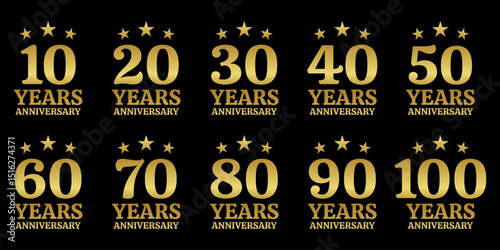Anniversary logo, icon or badge set. 10, 20, 30, 40, 50, 60, 70, 80, 90 years. Birthday celebration, jubilee, wedding, invitation card design element. Vector illustration. 