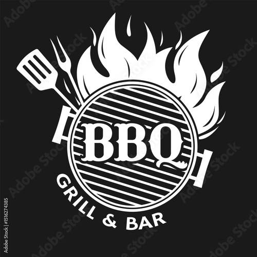 BBQ icon or logo. Barbecue, grill label with fire flame. Meat restaurant black and white label. Vector illustration.