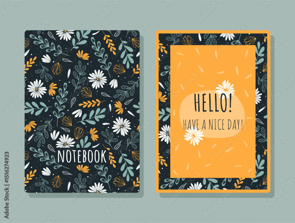 Cover design with floral pattern. Hand drawn plants. Scandinavian artistic background with herbs. Invitation, greeting card, cover book, notebook. Vector illustration