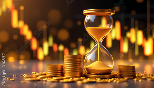 Investment and Wealth Symbolized by Gold Coins and Golden Hourglass