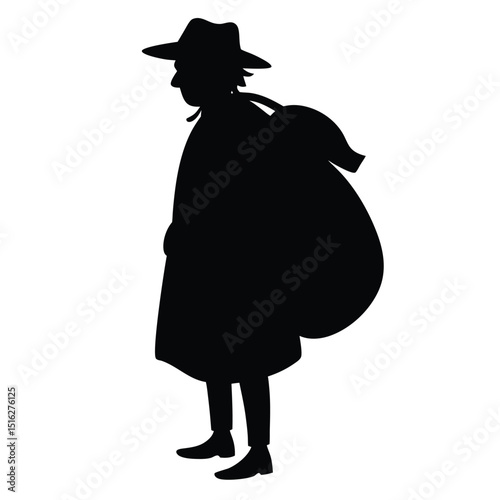 Silhouette Illustration Man with Hat and Sack Over Shoulder, Dark and Elegant