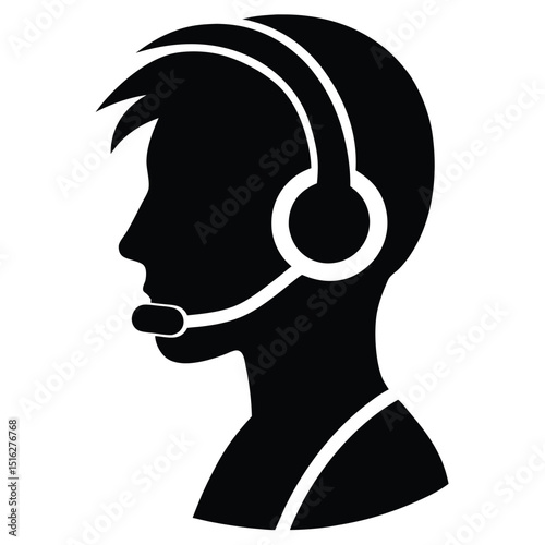 Silhouette of a Support Staff with Headset and Collar, Black and White