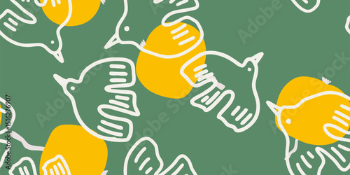 Birds and Yellow Shapes on Green Pattern
