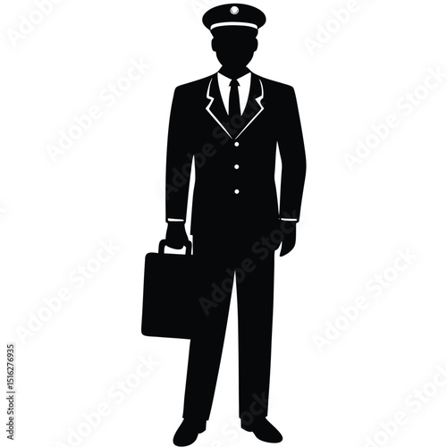 Silhouette of Driver in Uniform Holding Briefcase Isolated on White Background