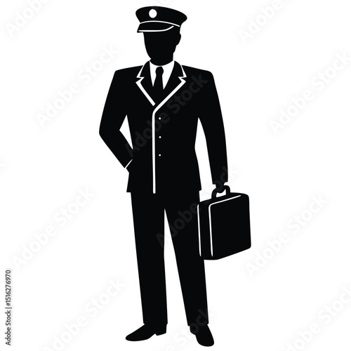 Silhouette of Elegant Chauffeur Holding Briefcase, Wearing Uniform and Cap, Standing Posture