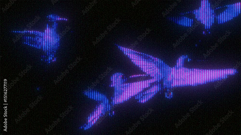 4K Seamless loop of glowing birds in flight with CRT scanlines and pixel glitch distortion, neon purple-blue silhouettes for motion graphics overlay, screen mode, retro digital animation music video